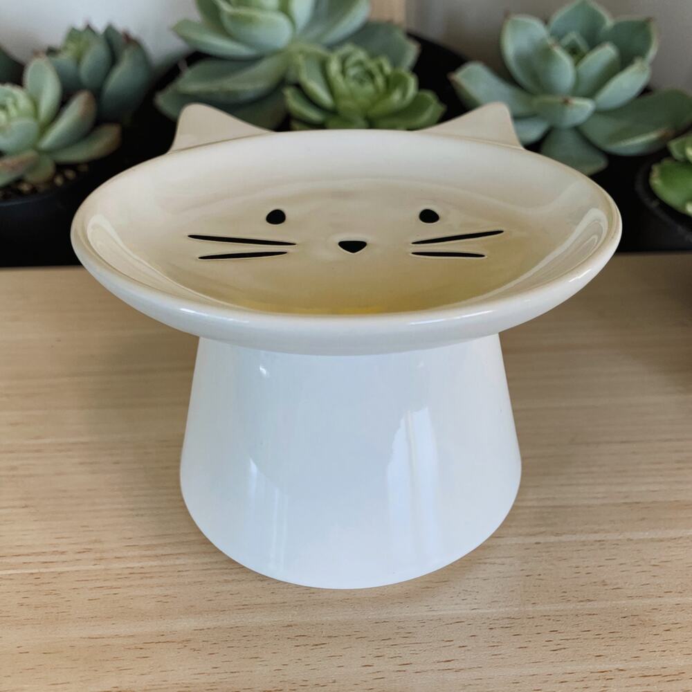 NEW Whisker Friendly Pretty White Cat Elevated Raised Cats Food Bowl Dish